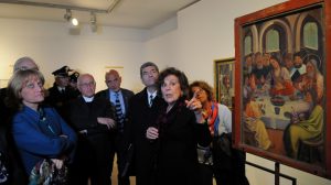 Noemi Di Segni, mons. Bressan, l'ambasciatore David e la direttrice Primerano in visità alla mostra sul Simonino.