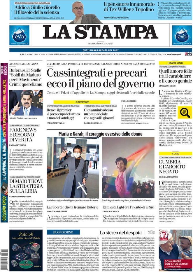 La prima pagina della “Stampa” di martedì 16 giugno