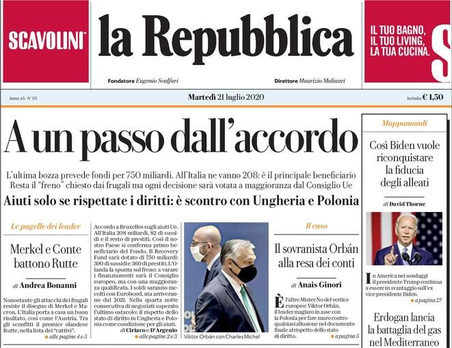 La prima pagina di La Repubblica