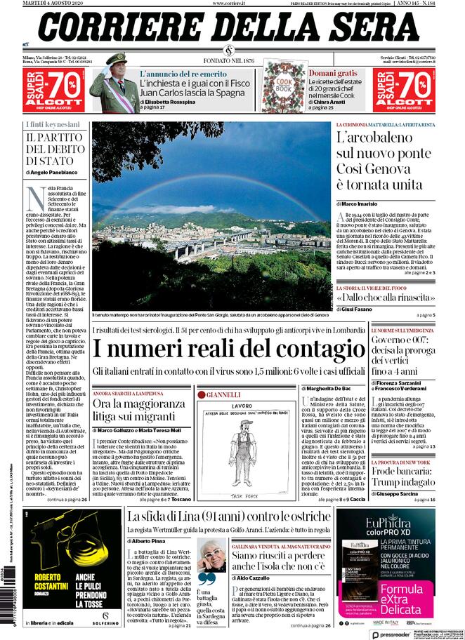 La prima pagina del Corriere della Sera del 4 agosto