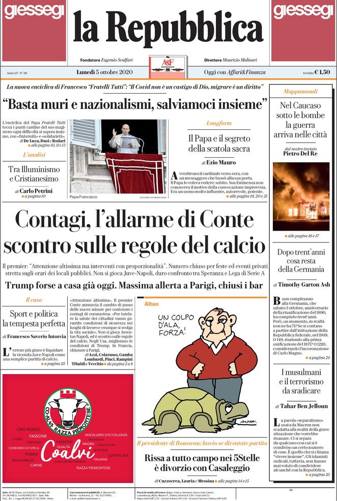 La prima pagina di "La Repubblica" del 5 ottobre